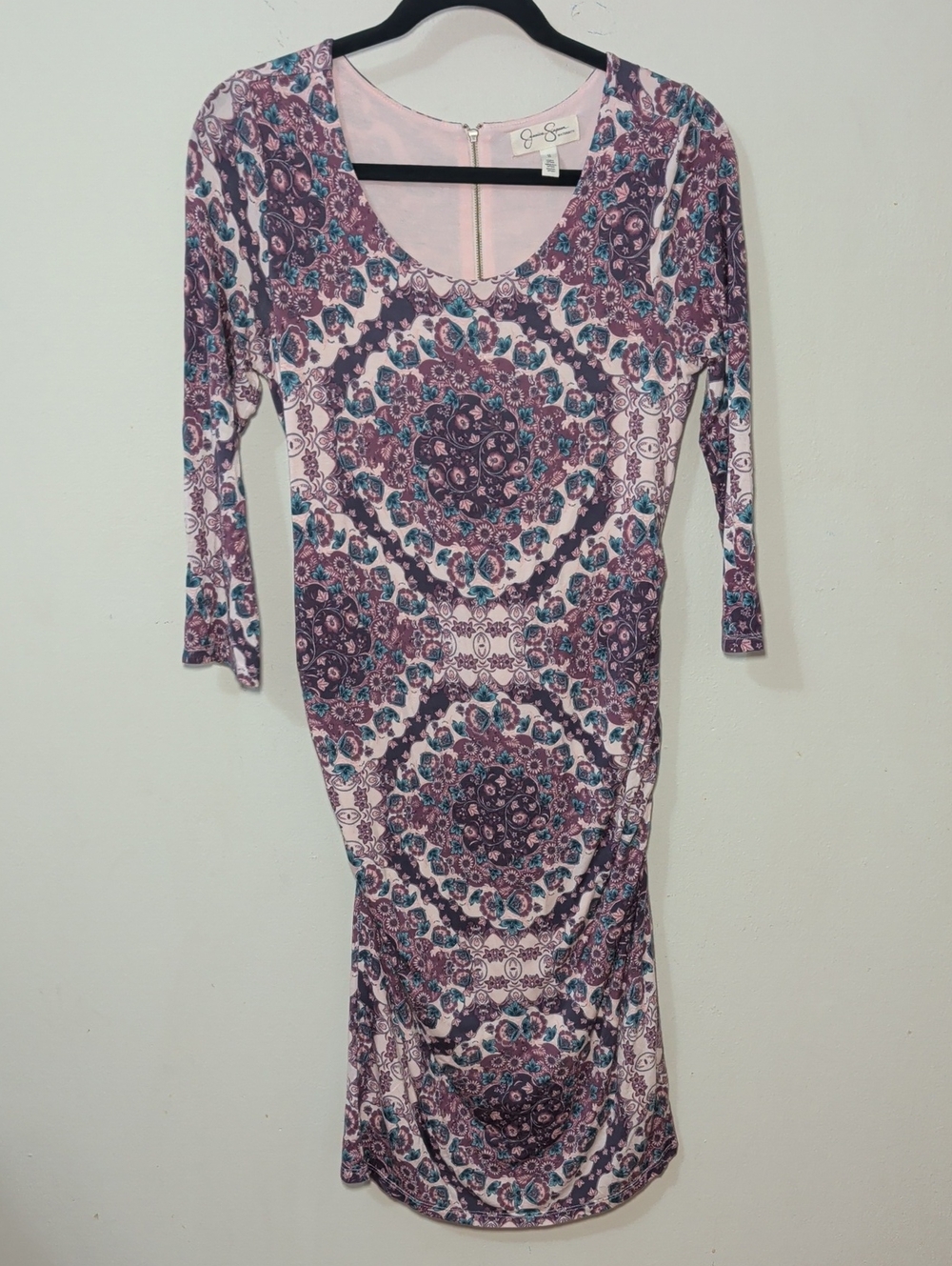 Jessica Simpson Floral Maternity Dress Pink Purple 3/4 Sleeve Stretchy Size M
